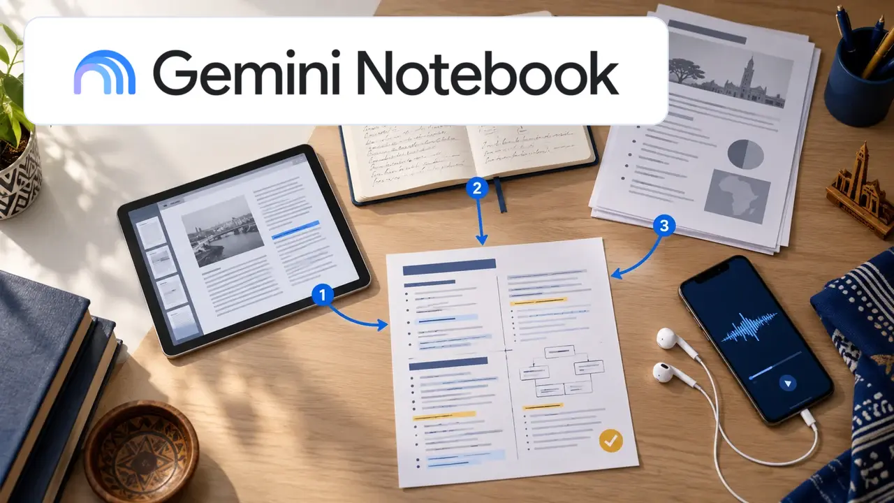 Trois supports de cours sont reliés par des repères de citation à une fiche de révision, à côté d’un téléphone diffusant un résumé audio et du logo Gemini Notebook.