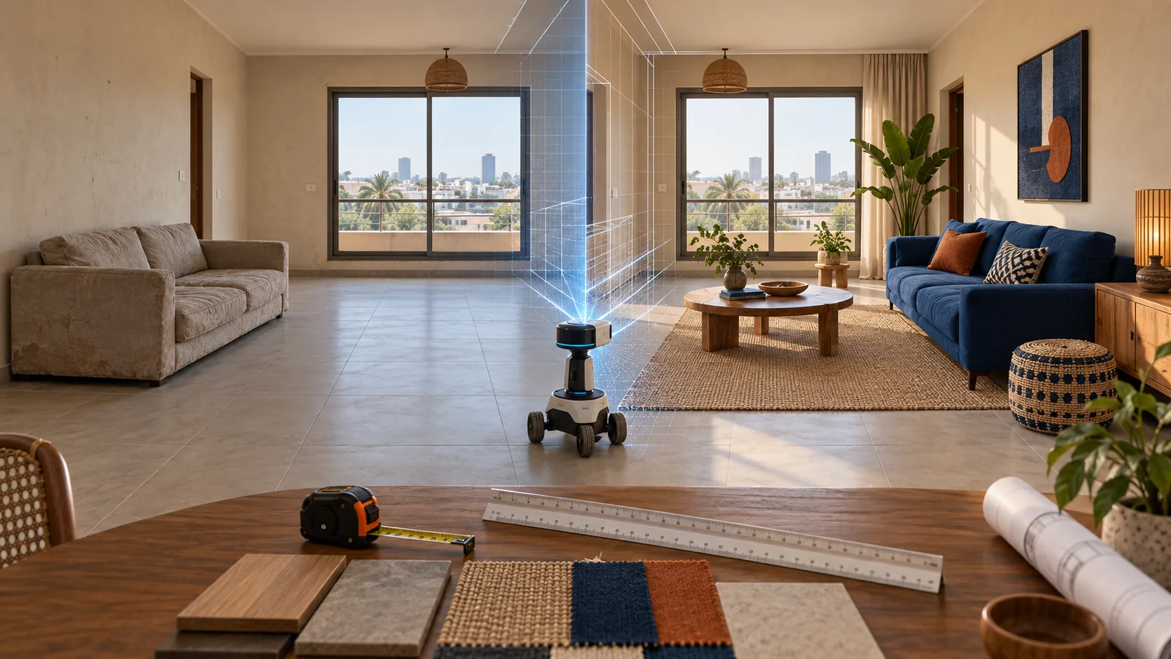 Un même salon à Dakar apparaît avant et après une proposition d’aménagement, avec un robot de mesure, un mètre et des échantillons de matières.